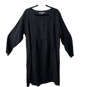 Flax Linen Long Sleeve Midi Dress Black with pockets